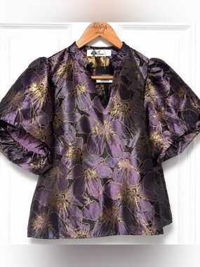 Towne Boutique Purple Gold Floral Jacquard Puff Sleeve Blouse NWT Small